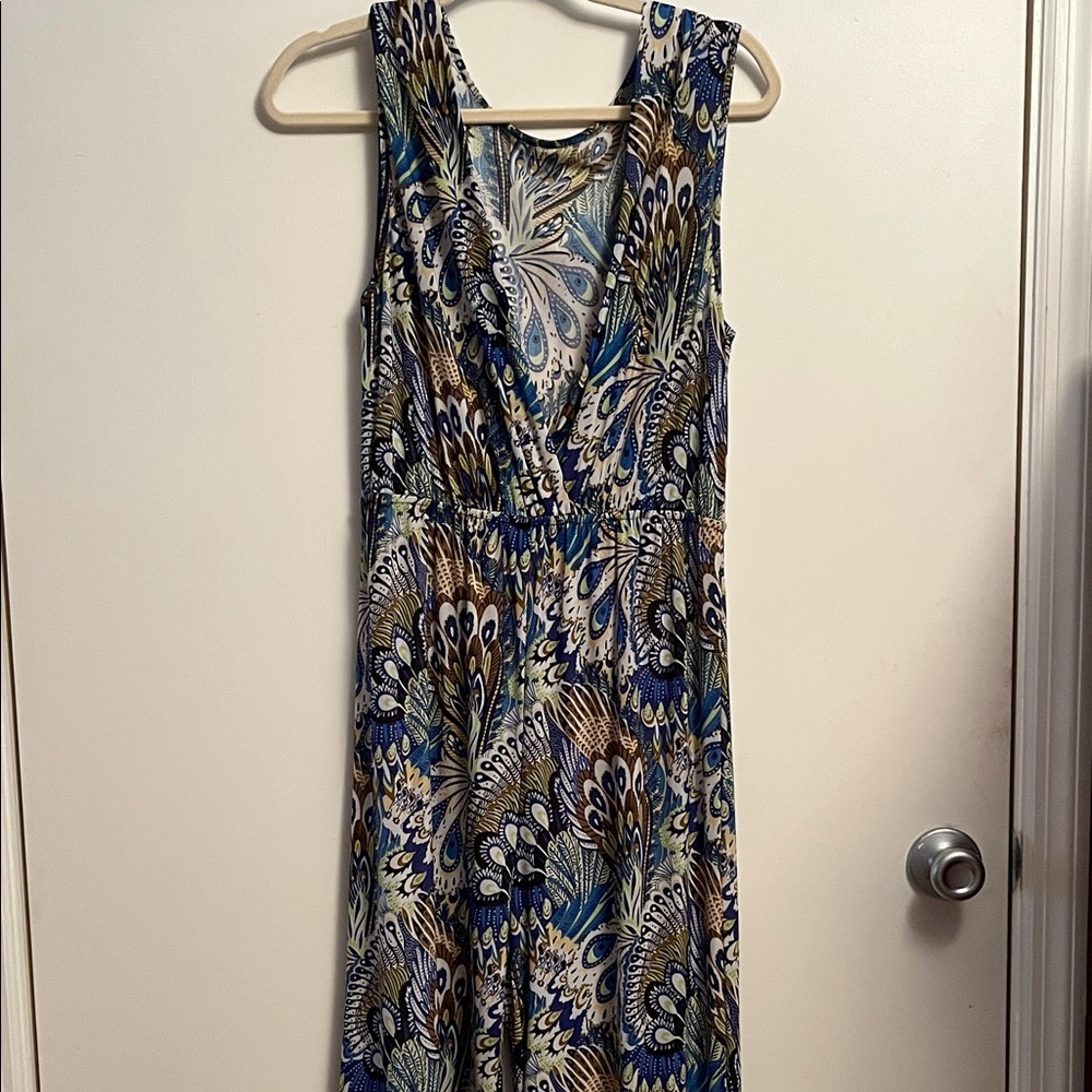 Source Unknown Blue and Brown Patterned Maxi Jumpsuit